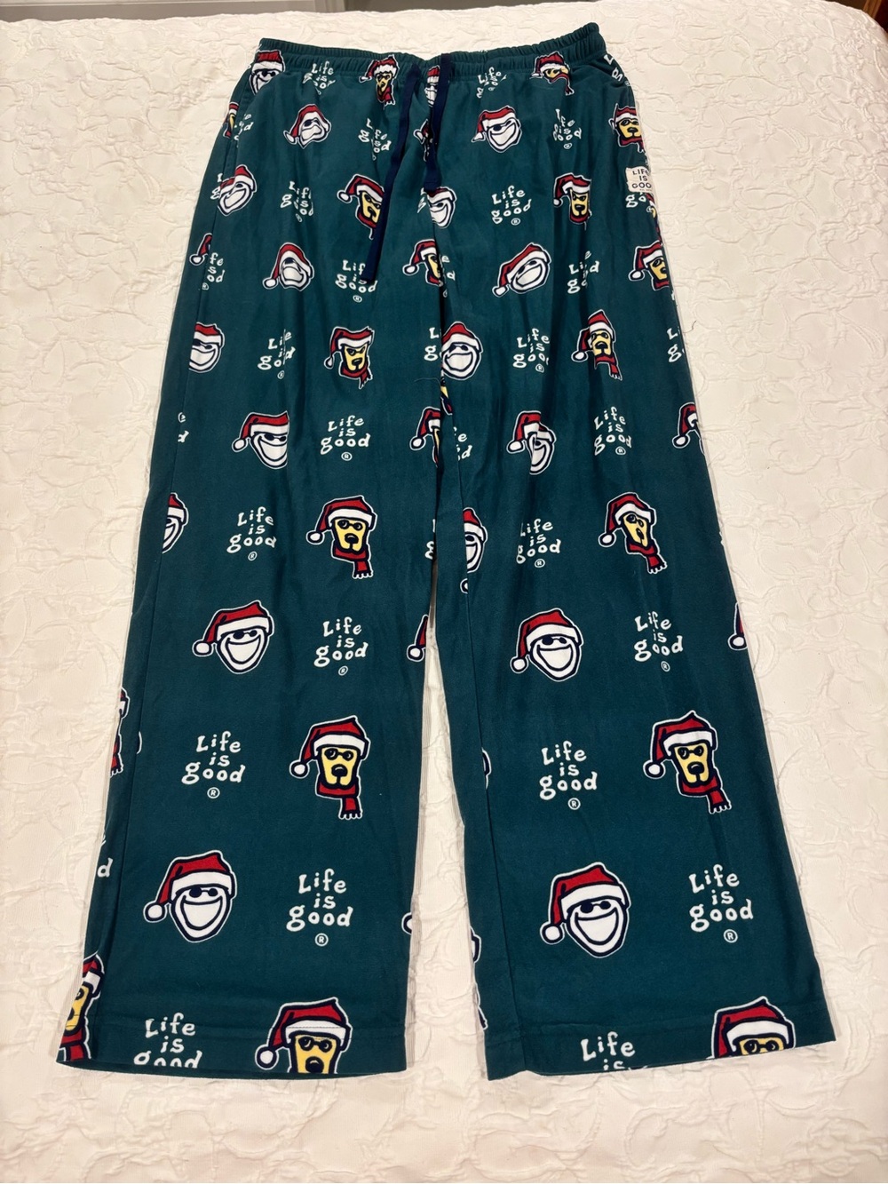 Life Is Good Teal Holiday Logo Lounge Pants with Santa Faces